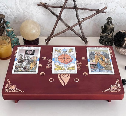 Altar Table, Meditation Table, Small Altar Table, Wooden Witch Altar, Wiccan Alter Table, Buddhist Shrine, Engraved Spiral Goddess on Table Top, 12 × 8 inches