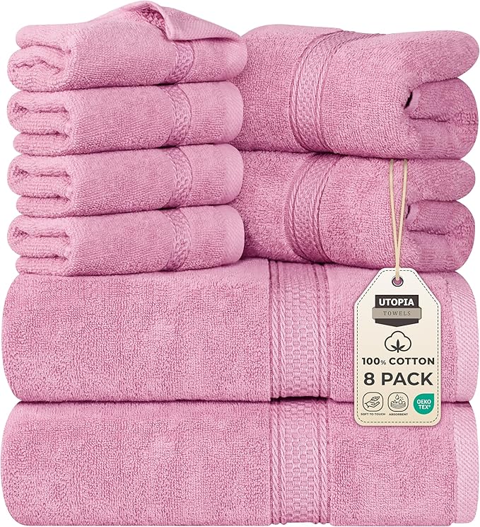 Utopia Towels 8 Piece Premium Towel Set, 2 Bath, 2 Hand, and 4 Wash Cloths, 600 GSM 100% Ring Spun Cotton, Highly Absorbent Towels for Bathroom, Gym, Hotel, and Spa, Pink