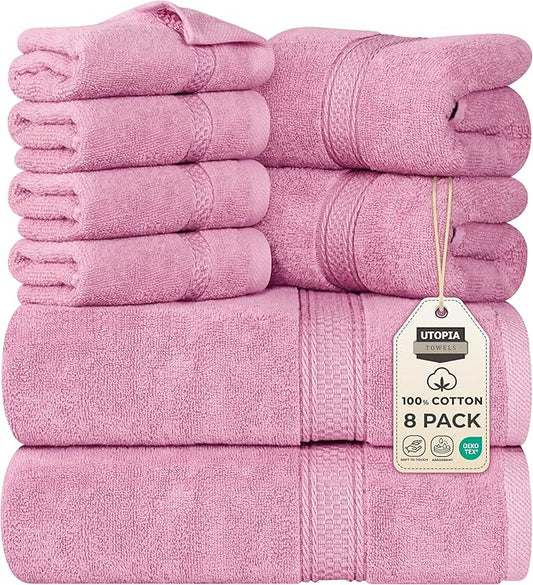 Utopia Towels 8 Piece Premium Towel Set, 2 Bath, 2 Hand, and 4 Wash Cloths, 600 GSM 100% Ring Spun Cotton, Highly Absorbent Towels for Bathroom, Gym, Hotel, and Spa, Pink