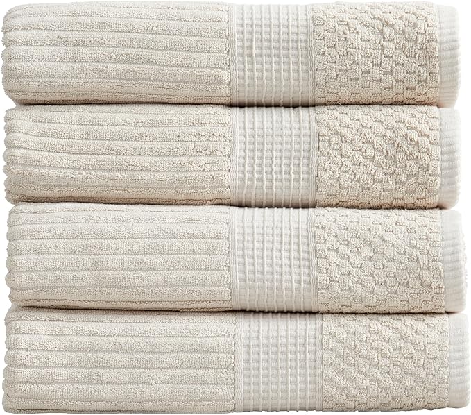 Springtree Home 100% Cotton Bath Towel Set of 4 | Super Soft & Absorbent with Quick-Dry Fibers | 4 Bath Towels |Textured and Durable Cotton | Krista Collection (Beige)