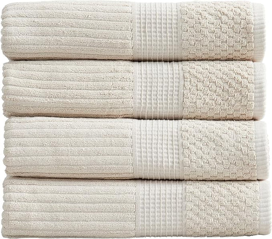 Springtree Home 100% Cotton Bath Towel Set of 4 | Super Soft & Absorbent with Quick-Dry Fibers | 4 Bath Towels |Textured and Durable Cotton | Krista Collection (Beige)