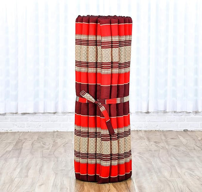 Leewadee - Kapok Roll Mat – Handcrafted Folding Sleep & Relaxation Mattress from Thailand, Ideal as Guest Bed, Camping Mat, Yoga Mat or Traditional Futon, 75 x 39 inches, Red