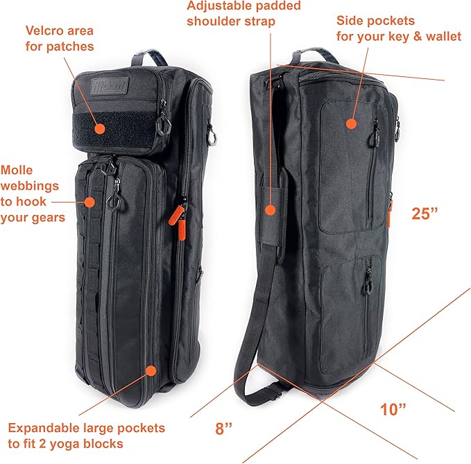Fitdom Tactical Inspired Yoga Bag for Adult Men. Heavy Duty Yoga Bags and Carriers Fits All Your Stuff. Yoga Mat Bag with Expandable Compartment for 2 Yoga Blocks & Multiple Pockets - Yoga Mat Carrier