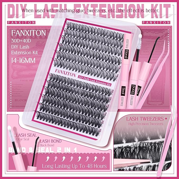 Cluster Lashes 240 pcs Wispy Lash Clusters D Natural Eyelashes Extensions 14-16mm Mix 30D+40D Individual Lashes Thin Band Lash Bond and Seal Tweezers for DIY Lash Extension Beginners