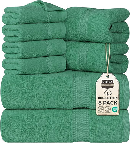 Utopia Towels 8 Piece Premium Towel Set, 2 Bath, 2 Hand, and 4 Wash Cloths, 600 GSM 100% Ring Spun Cotton, Highly Absorbent Towels for Bathroom, Gym, Hotel, and Spa, Hunter Green