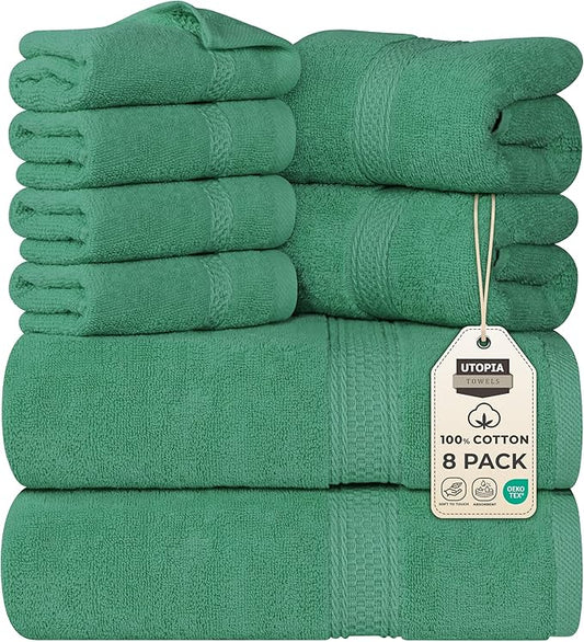 Utopia Towels 8 Piece Premium Towel Set, 2 Bath, 2 Hand, and 4 Wash Cloths, 600 GSM 100% Ring Spun Cotton, Highly Absorbent Towels for Bathroom, Gym, Hotel, and Spa, Hunter Green
