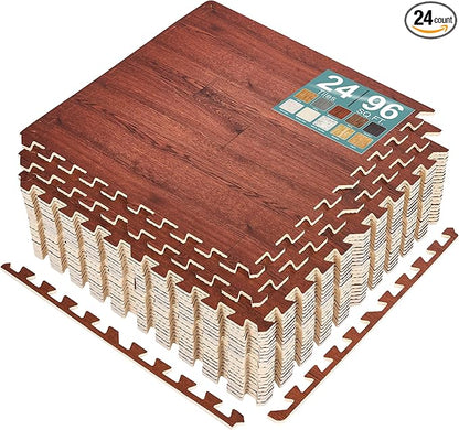 Sorbus Wood Grain Floor Tiles Foam Mat EVA Interlocking Mats Tile 3/8-Inch Thick Flooring Wood Puzzle Exercise Mats w/Borders - Home Playroom Basement, Apartment, Trade Show, Baby, Dance