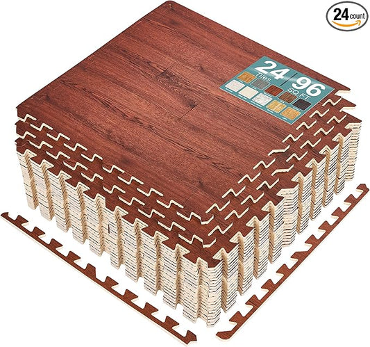 Sorbus Wood Grain Floor Tiles Foam Mat EVA Interlocking Mats Tile 3/8-Inch Thick Flooring Wood Puzzle Exercise Mats w/Borders - Home Playroom Basement, Apartment, Trade Show, Baby, Dance