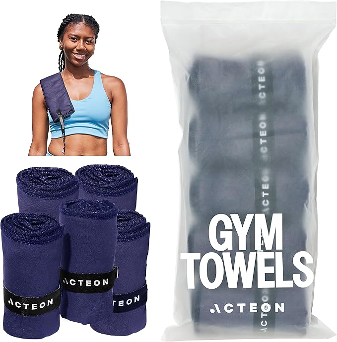 Acteon Microfiber Gym Towels 5 Pack, Quick Dry Silver ION Odor-Free Mega Absorbent Sweat Towels for Men & Women, Workout, Yoga, Running, Beach, Travel – 16x30.5 Inch (Midnight Blue)