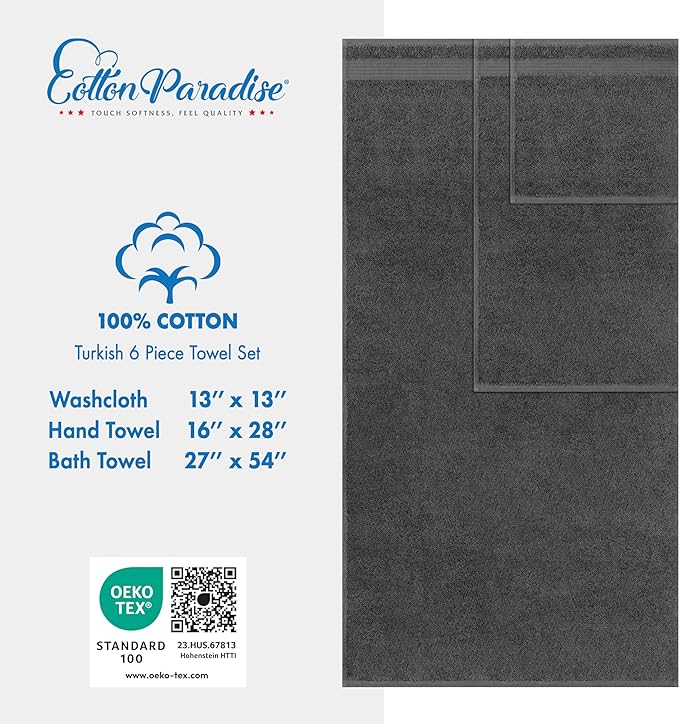 Cotton Paradise 6 Piece Towel Set 100% Cotton Soft Absorbent Turkish Towels for Bathroom 2 Bath Towels 2 Hand Towels 2 Washcloths, Dark Gray Towel Set