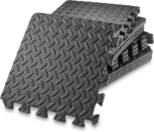 Philosophy Gym Pack of 12 Exercise Flooring Mats - 12 x 12 Inch Foam Rubber Interlocking Puzzle Floor Tiles - Black