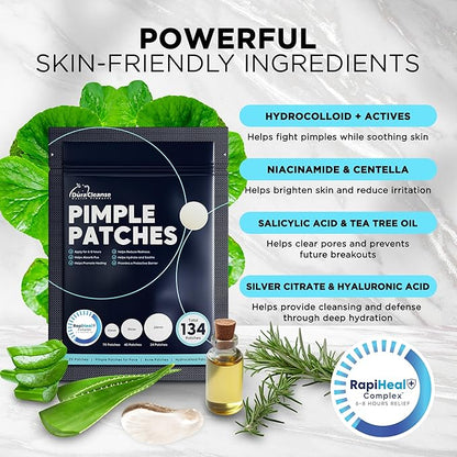 Pimple Patches for Face - 134 Count Hydrocolloid Acne Patches - Zit, Blemish, Cystic Acne Dots & Dark Spot Treatment - Invisible Clear Pimple Patch Stickers for Forehead, Chin, Nose, 3 Sizes (S, M, L)