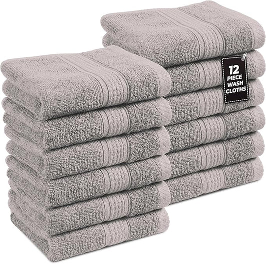 LANE LINEN 100% Cotton Wash Cloths - 12 Pcs - Spa & Salon Quality - Ring Spun Cotton Face Cloths - Soft & Absorbent Washcloths for Body, Beauty, Home, Gym - Fingertip Towels Set - 13"x13", Platinum