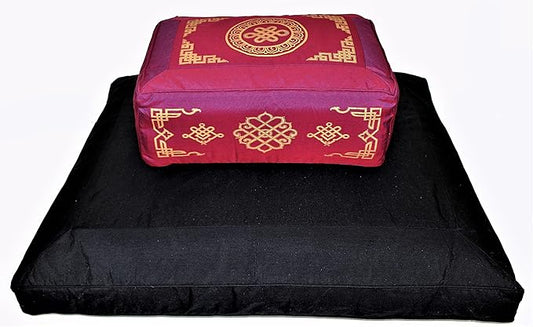 Meditation Cushion Set Rectangular Zafu Pillow Zabuton - Silkscreen Sacred Symbol Endless Knot Magenta on Black