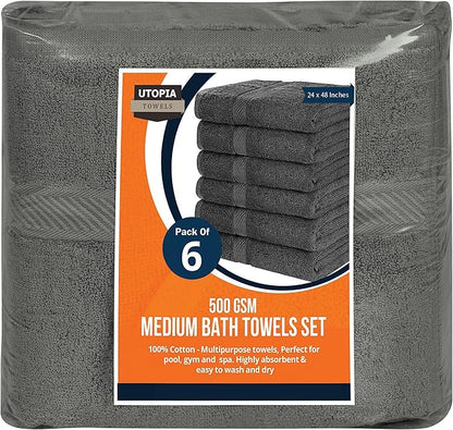 Utopia Towels 6 Pack Bath Towel Set (24 x 48 Inches), 500 GSM 100% Ring Spun Cotton Medium Lightweight and Highly Absorbent Quick Drying, Premium Towels for Hotel, Spa and Bathroom