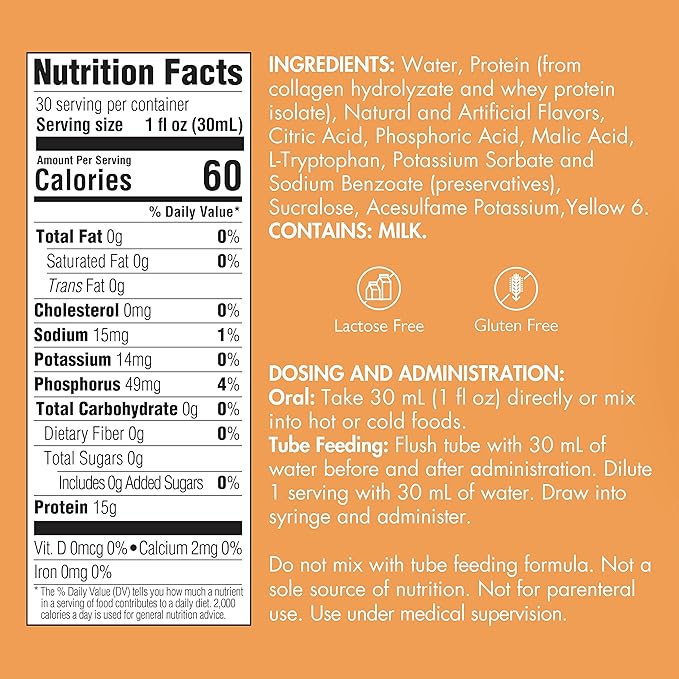 Liquid Collagen Peptides Type I, III 15 Grams Protein per Oz. |Prosource NoCarb Orange Crème Bottle Medtrition|