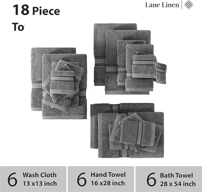 Lane Linen 100% Cotton Luxury Towel Set for Bathroom - 18 Pieces, Zero Twist - Super Plush, Very Soft & Absorbent - 6 Bath Towels, 6 Washcloths, 6 Hand Towels - Suitable for All Skin Types - Cool Grey