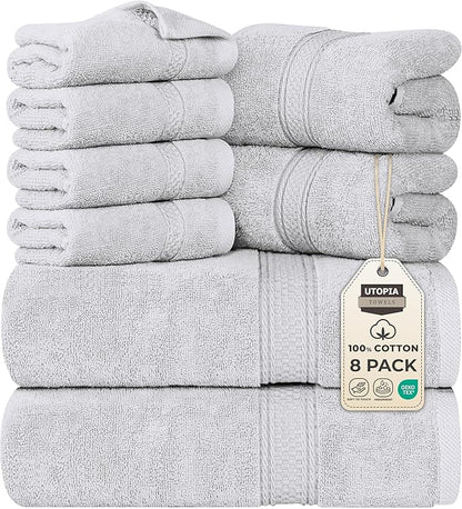 Utopia Towels 8 Piece Premium Towel Set, 2 Bath, 2 Hand, and 4 Wash Cloths, 600 GSM 100% Ring Spun Cotton, Highly Absorbent Towels for Bathroom, Gym, Hotel, and Spa, Silver