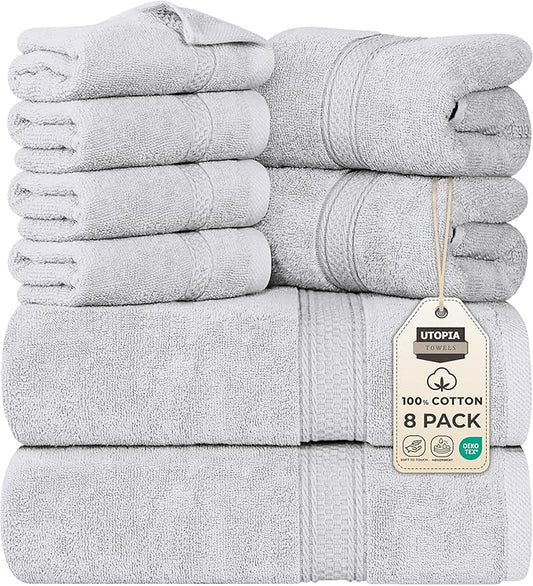 Utopia Towels 8 Piece Premium Towel Set, 2 Bath, 2 Hand, and 4 Wash Cloths, 600 GSM 100% Ring Spun Cotton, Highly Absorbent Towels for Bathroom, Gym, Hotel, and Spa, Silver