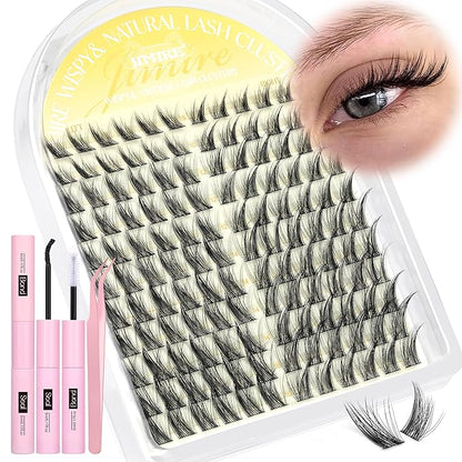 JIMIRE Lash Clusters Kit Wispy Lash Extension Kit 10-16MM Manga Eyelash Clusters Left Right DIY Eyelash Extension Kit with Lash Bond and Seal Soft D-Curly Lashes Clusters 132Pcs