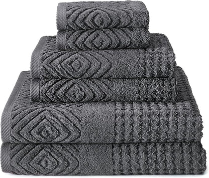Texere 100% Organic Cotton Diamond Jacquard 700 GSM Luxury Bath Towel Sets - Ultra Soft and Absorbent Hotel Quality, 2 Large Bath Towels, 2 Hand Towels, 2 Washcloths (Diamond, Charcoal, 6 Piece)