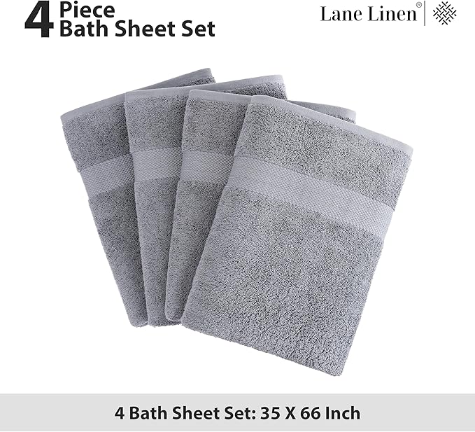LANE LINEN 100% Cotton Bath Sheets Set of 4 (35"x66") - Ring Spun Cotton Extra Large Bath Towels Sets - Quick Dry, Soft & Absorbent Oversized Shower Towel Sets - Sustainabaly Produced - Space Grey