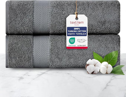 TEXTILOM 100% Turkish Cotton 2 Pcs Bath Towel Set, Luxury Bath Towels for Bathroom, Soft & Absorbent Hotel Quality Bathroom Towels Set (27 x 54 inches)- Dark Grey