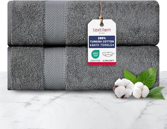 TEXTILOM 100% Turkish Cotton 2 Pcs Bath Towel Set, Luxury Bath Towels for Bathroom, Soft & Absorbent Hotel Quality Bathroom Towels Set (27 x 54 inches)- Dark Grey