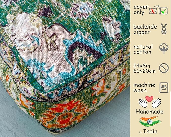 Mandala Life ART Moroccan Pouf Ottoman Cover Green Square Meditation Pillow Case Boho Room Décor Moroccan Seating Area Perfect for Living Room, Bedroom, Nursary or Children Room Cotton 24x8 Unstuffed