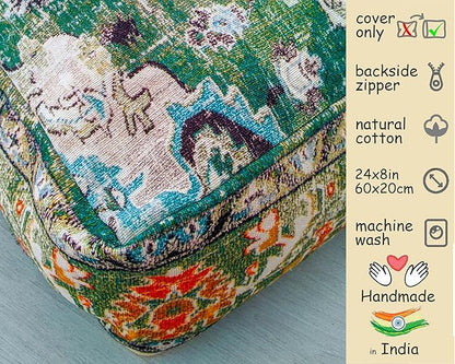 Mandala Life ART Moroccan Pouf Ottoman Cover Green Square Meditation Pillow Case Boho Room Décor Moroccan Seating Area Perfect for Living Room, Bedroom, Nursary or Children Room Cotton 24x8 Unstuffed