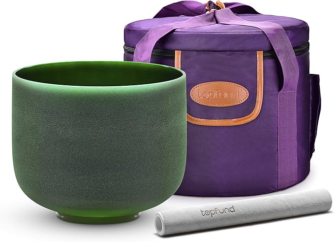 TOPFUND Green F Note Crystal Singing Bowl Heart Chakra 8 inch with Heavy Duty Carrying Case and Suede Mallet