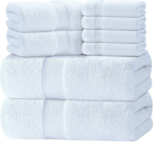 Luxury White Bath Towel Set of 8 Pieces - 100% Turkish Cotton 700 GSM Highly Absorbent Towels for Bathroom, 2 Bath Towels, 2 Hand Towels, 4 Washcloths