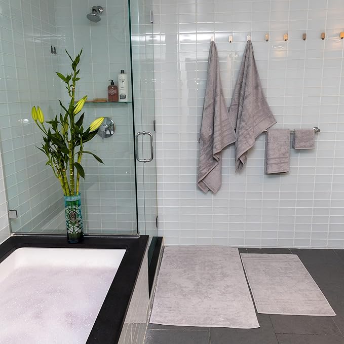 Mosobam Luxury Turkish 6pc Mixed Bath Bundle 2 Sizes for Body Towels and 2 for Mats Light Grey (Gray) 700 GSM & 1000 GSM Bamboo Viscose & Aegean Turkish Combed Cotton