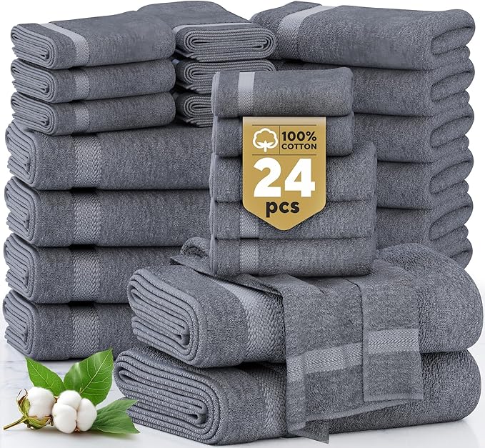 LANE LINEN Cotton Bathroom Towels Set - 24 Pcs - Ringspun, Quick Dry, Very Soft & Absorbent - 2 Bath Sheets, 4 Bath Towel, 6 Hand Towel, 8 Washcloths, 4 Fingertip - Pre Shrunk - Cool Grey