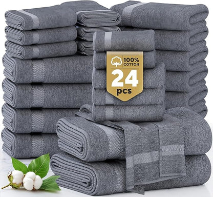 LANE LINEN Cotton Bathroom Towels Set - 24 Pcs - Ringspun, Quick Dry, Very Soft & Absorbent - 2 Bath Sheets, 4 Bath Towel, 6 Hand Towel, 8 Washcloths, 4 Fingertip - Pre Shrunk - Cool Grey