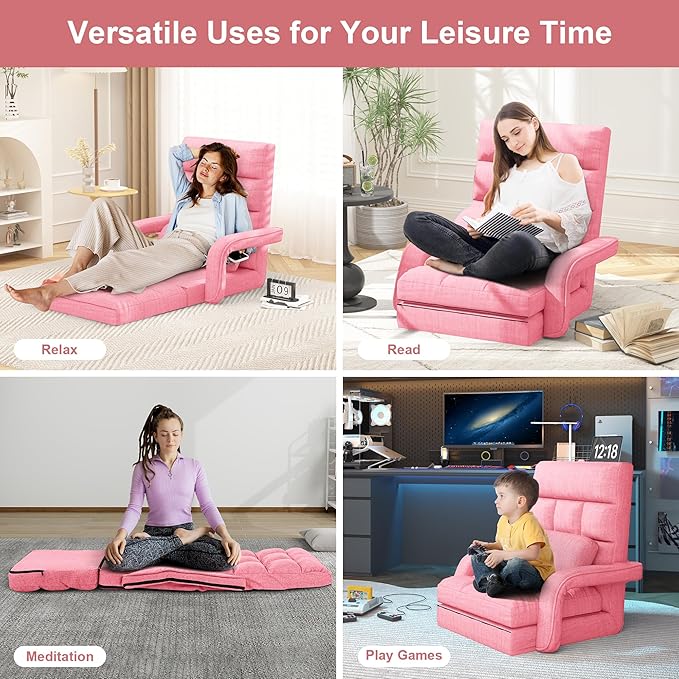 Adjustable Floor Gaming Chair for Adults, 6-Position Chaise Lounge Chair with Meditation Arm, Foldable Lazy Sofa with Pillow, Comfy Chair Indoor for Bedroom Dorm Living Room, Pink