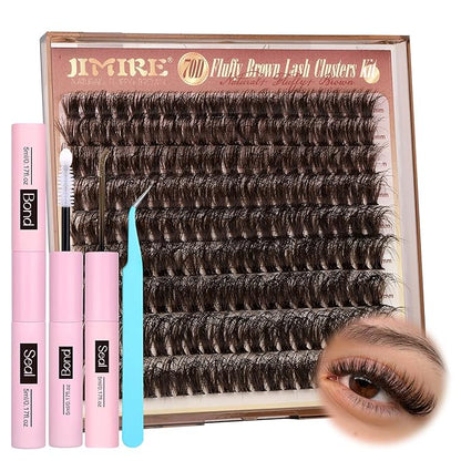 JIMIRE Brown Lash Extension Kit Natural Look Wispy Brown Lash Clusters Individual Lashes with Lash Bond and Seal Wsipy D Curl 10-18MM DIY Eyelash Extension Kit Fluffy Brown Cluster Lashes 180Pcs