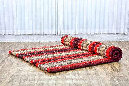 Leewadee - Foldable Floor Mattress - Japanese Roll Up Futon -Trifold Tatami Mat- Guest Floor Bed - Camping Mattress - Thai Massage Mat, Kapok Filled, 75 x 57 inches, Red