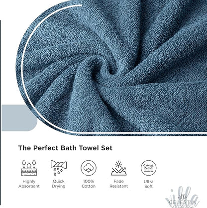 100% Cotton Bath Towel Set of 18-4 Bath Towels, 6 Hand Towels, 8 Wash Cloths, Sustainable, Soft, Highly Absorbent, Combed Cotton 18 Piece Set for Hotels, Spa, Bathroom, Dorm, Blue