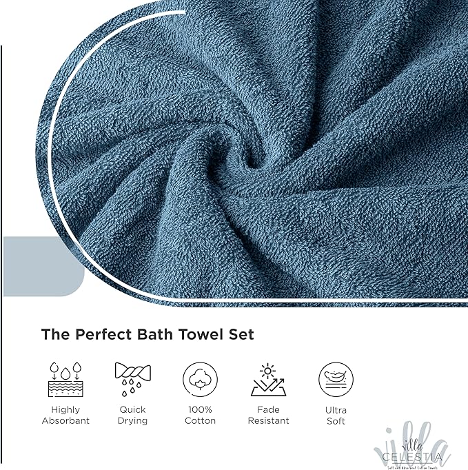 100% Cotton Bath Towel Set of 24-6 Bath Towels, 6 Hand Towels, 12 Wash Cloths, Sustainable, Soft, Highly Absorbent, Combed Cotton 24 Piece Set for Hotels, Spa, Bathroom, Dorm, Blue