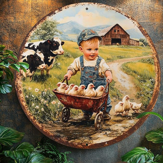 Cbngaoey 1pc Vintage Farm Scene Aluminum Wall Art - 8x8 Inch Round Metal Sign with Boy in Overalls and Chickens,Perfect Gift for Holidays and Outdoor Spaces,Durable Wall Art, Farmhouse Decor