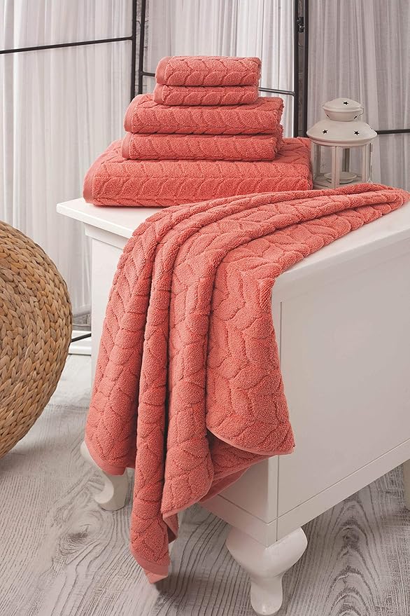 BAGNO MILANO Turkish Bath Towels, Soft Plush Jacquard Luxury Bath Towels, Quick Dry Towel Set (Coral Red, 6 pcs Towel Set)
