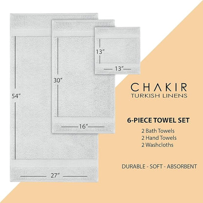 Chakir Turkish Linens Luxury Spa and Hotel Quality Premium Cotton 6-Piece Towel Set (2 x Bath Towels, 2 x Hand Towels, 2 x Washcloths, Silver Gray)