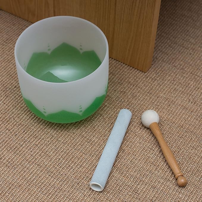 Leize Lotus Design Quartz Crystal Singing Bowl F Note 432 hz Heart Chakra White 8" with Heavy Duty Carrying Case Suede Striker