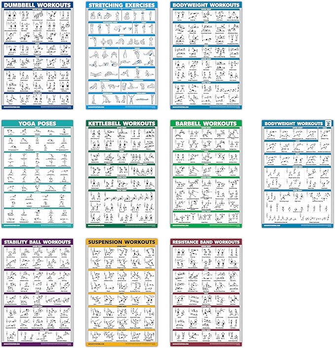 QUICKFIT 10 Pack - Exercise Workout Poster Set - Bodyweight Volume 1 & 2, Dumbbell, Suspension, Kettlebell, Resistance Bands, Stretching, Barbell, Yoga Poses, Exercise Ball (Laminated, 18" x 24")