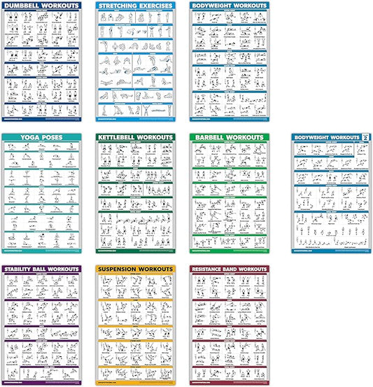 QUICKFIT 10 Pack - Exercise Workout Poster Set - Bodyweight Volume 1 & 2, Dumbbell, Suspension, Kettlebell, Resistance Bands, Stretching, Barbell, Yoga Poses, Exercise Ball (Laminated, 18" x 24")