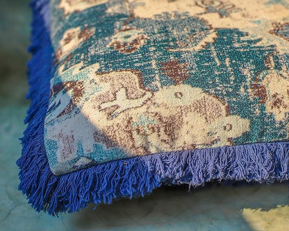 Mandala Life ART Square Meditation Pillow Cover with Fringes - 26 inches - Printed Blue Cotton Boho Chic Cushion Case