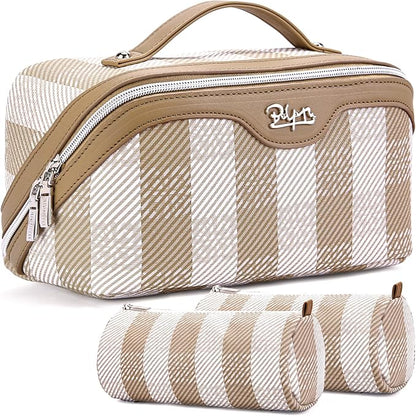 BOYATU Travel Makeup Bag Organizer Cosmetic Bag: 3 Pcs Set Make up Bags for Women with Handle - Waterproof Vegan Leather Toiletry Bags Travel Essentials Pouch with Compartments (F-04-Brown)