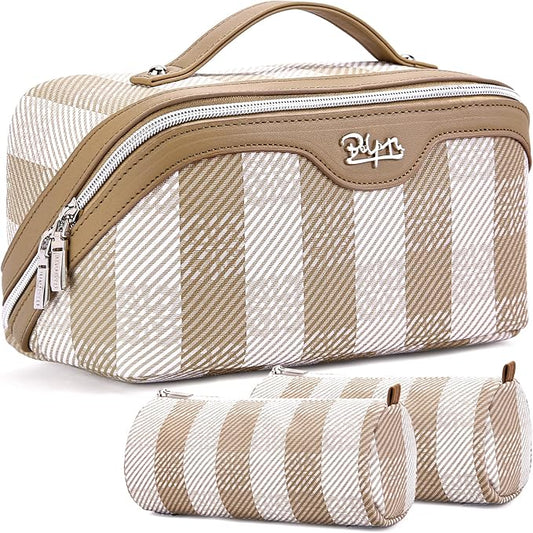 BOYATU Travel Makeup Bag Organizer Cosmetic Bag: 3 Pcs Set Make up Bags for Women with Handle - Waterproof Vegan Leather Toiletry Bags Travel Essentials Pouch with Compartments (F-04-Brown)