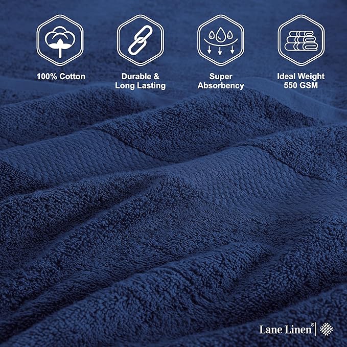 LANE LINEN 100% Cotton 4 Pack Bath Towels (28"x54") - Ring Spun Mercerized Cotton Towels Set for Bathroom - Quick Dry, Soft & Absorbent Large Bath Towel Set - Dorm Essentials for Boys - Navy Blue